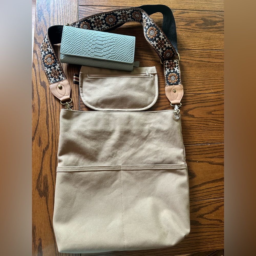 Tan Canvas Tote Bag with Matchinf Pouch and Wallet